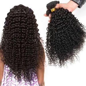 Kinky Curly Human Hair Bundles Court Tissage Cheveux Naturels Boucl&eacute;s Meche Bresilienne En Lot Meche Naturelle Tissage Boucl&eacute; Naturel Couleur Noire Naturelle Total 300g 18 18 18 Pouce (beiyuan hair product, neuf)