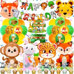 Decoration Anniversaire Jungle Animaux pour Enfants, 40 Pièces Kit Ballon Animaux de la Foret, Contient Deco Gateau, Happy Birthday Banderole, Facile à Utiliser, pour Fête à Thème Jungle (MXKJ-EU, neuf)