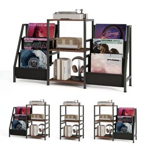 KOMFOTTEU Support de Disque Vinyle avec 3 Étagères & 6 Pochettes pour Vinyle, Meuble Platine, jusqu'à 200 Albums, Meuble Tourne-Disque, Diverses Combinaisons d’Insatallation, Vintage (Industriel) (Komfort GmbH, neuf)