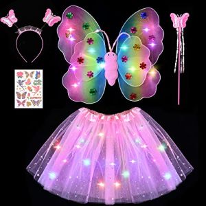 Tacobear Déguisement Fée Lumineux Ailes de Fée Enfant LED Tutu Jupe Tulle Fille Ailes de Papillon Serre-tête Baguette Magique Tatouage Costume Fée Anniversaire Halloween Carnaval Noël Cosplay (Rose) (Tacobear EU, neuf)