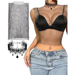 SCJJZ Chemisier en Maille,Collier en dentelle assorti, Manches Longues avec Strass Pailletés, Chemisier Sexy en Maille Transparente, Chemisier À Col Rond en Cristal, Chemisier Débardeur (GuangZhouAnTuTuMaoYiYouXianGongSi, neuf)