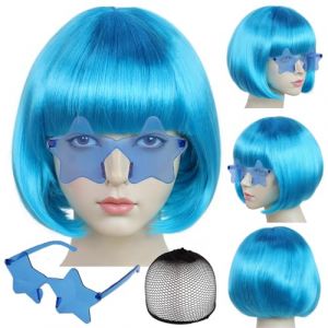 BEKIDER Perruque au carr&eacute; bleu clair (1 paire de lunettes + 1 filet &agrave; cheveux) - Perruque color&eacute;e avec frange - Perruque amusante - Cheveux synth&eacute;tiques bleus pour Halloween (Kindn-uk, neuf)
