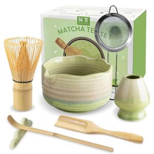 JBER Matcha Kit 7 Pi&egrave;ces - Fouet en Bambou pour Matcha, Bol &agrave; Matcha &agrave; Buse, Support pour Fouet, Tamis &agrave; Matcha, Cuiller et Support, Kit de Th&eacute; Japonais pour Amoureux du Matcha - D&eacute;grad&eacute; Jaune Vert (Yicai Acoustic, neuf)