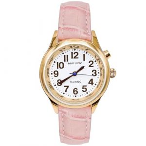 MAUJOY Montre parlante pour Femme, Accent français Clair et Fort, Peut Indiquer l'heure, la Date ou l'alarme, Bracelet en Cuir Rose, Convient aux Seniors (Talking products  shop, neuf)