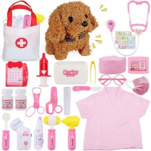 TEUVO Malette Docteur Enfant, Veterinaire Enfant avec Blouse de Médecin, Stéthoscope, Thermomètre, Seringue, Médical Jeu d'imitation Jouets de Rôle 25 Pièces, Cadeaux Jouet Enfants 2 3 4 5 6 7 8 Ans (TEUVO, neuf)