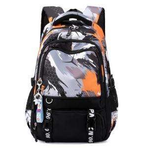 Tanou Sac a Dos College Garcon Renforcé, Motif Camouflage Cartable Garcon Primaire, Résistant à l'Eau Cartable Scolaire pour Adolescents 10-18 Ans en Nylon, Noir/Orange (Tanou Bagages, neuf)
