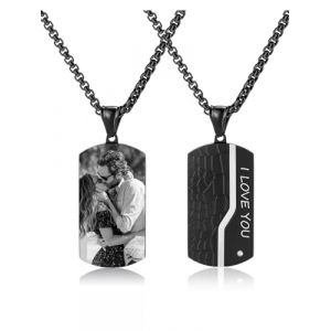 PiercingJak Cadeau F&ecirc;te de P&egrave;re, Collier Dog Tag Photo Personnalis&eacute; Pendentif M&eacute;daillon Plaque Militaire Arm&eacute;e en Acier Inoxydable avec Cha&icirc;ne Cadeau Papa Homme Femme Couple (Argent+Noir) (KKCAT, neuf)