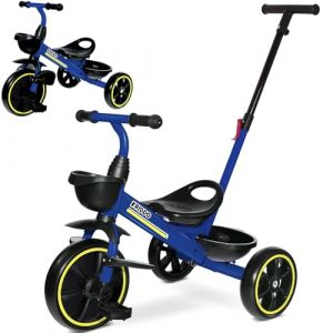 KRIDDO 2-en-1 Tricycle pour Enfants de 18 Mois &agrave; 5 Ans - Poign&eacute;e de pouss&eacute;e Extensible pour Une Conduite sans Effort, Tricycle Cadeau de 3 &agrave; 5 Ans, Tricycle avec Repose-Pieds Avant Pliable, Bleu (LFUN DIRECT, neuf)