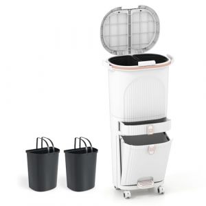 COSTWAY Poubelle Cuisine Double Compartiments en Plastique 42L, Poubelle Tri Selectif a Roulettes avec Tiroir, 2 Couvercles, Seaux Amovibles 2 x 12L, Panier a P&eacute;dale 14L, Crochet, pour Salle de Bain (FDS GmbH, neuf)