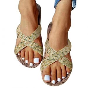 Dasongff Tong Plates Simple Jaune en Paille Femme Été Bande Croisée Sandales Corde Femme Été Nu Pied Femmes Plage Piscine Élégant Espadrilles Tong Sandale Ado Fille Bout Ouvert Slip-on Mode (ELECTRI, neuf)