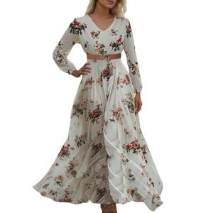 Robe Longue Femme R&eacute;tro- Robe Sexy Chic Col en V Et Manches Longues Pretty De Style Pastoral Fleurs Boheme Taille Haute Baggy Vacances Plage Banquet Chic Et Elegan d'automne Ete (Hrihua, neuf)