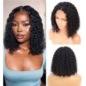 Perruque Cheveux Humain 13×4 Lace Wig Human Hair Perruque Femme Naturelle Brésilien Bouclée Courte Deep Curly Bob Perruque Bresilienne Cheveux Humain 150% Density Couleur Naturelle 14 Pouces(35cm) (human virgin hair, neuf)
