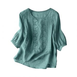Chemisier Coton et Lin Manches Courtes pour Femme Blouses Ample Col Rond Tunique D'&eacute;t&eacute; Boh&egrave;me Folklore Vintage Broderie Top Hauts L&acirc;che Respirant T-Shirts Grande Taille Pas Cher Tunique Blouse Mode (GUnakd, neuf)
