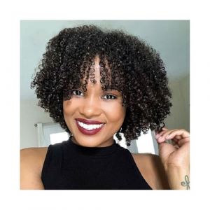 Perruques de cheveux humains Perruques boucl&eacute;s Cheveux humains Courts boucl&eacute;s Perruque de cheveux humains avec frange Perruques pour femmes noires Perruques pour femmes(10inches) (linjie20248, neuf)