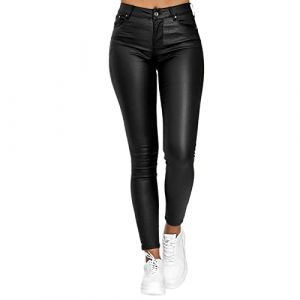 Eauptffy Pantalon en cuir synth&eacute;tique pour femme - Sexy - Look skinny - Taille haute - Aspect stretch - Noir - Pantalon fin - Pantalon en cuir synth&eacute;tique - Treggins - Effet push-up, Noir , XXL (Plormise, neuf)