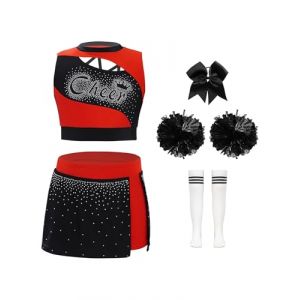 ranrann Enfant Fille D&eacute;guisement Pompom Girl D&eacute;guisement Uniforme avec Pompons Costume Carnaval Halloween Performance 3-16 Ans C Rouge noir 13-14 ans (ranraneu, neuf)