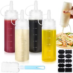 CoKeeSun 4 Pcs Bouteille Sauce 500ml, Bouteille &agrave; Condiments, Recipient Sauce, Presser Les Bouteilles, Transparent Flacon Souple en Plastique avec Brosse de Nettoyage pour Ketchup Huile Vinaigrette (CAIKEJI, neuf)
