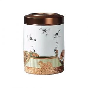 Pot a sucre Caddie à thé à motif de grue, couvercle en métal scellé, Puerh, stockage de thé vert noir, boîte à thé, petits accessoires de thé La cuisine(Blanc) (lulugongsi, neuf)