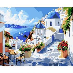 NEWENMO Architecture Grecque Peinture par Numero Adulte,Vue Sur la Mer Peinture Numero,Fleurs Paint by Numbers,DIY Peinture &agrave; l'huile,Acryliques Bricolage Peintures Kits,pour D&eacute;cor Maison 40x50cm (newenmo, neuf)
