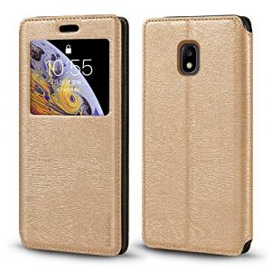 Shantime &Eacute;tui Rabat Cuir Fen&ecirc;tre Compatible avec Samsung Galaxy J3 2017 J330F, &Eacute;l&eacute;gant Affichage Transparent, Fermeture Magn&eacute;tique Cach&eacute;e Porte-Carte(Dor&eacute;) (Shantime, neuf)
