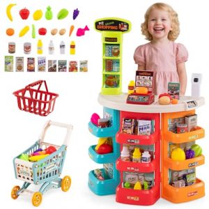 COSTWAY 29 PCS Marchande Enfants avec Chariot de Courses & Scanner avec Lumière et Son, Supermarché Enfant avec Étagères, Caisse & Balance, pour Garçons Filles 3+ Ans (Multicolore) (FDS GmbH, neuf)