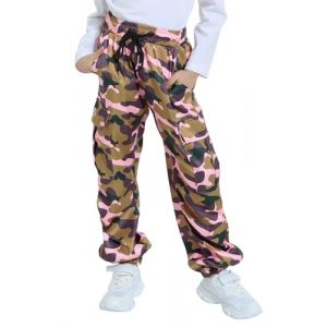 JiAmy Pantalon cargo pour fille, taille &eacute;lastique, baggy, parachute, multi-poches, pantalon de danse, jogging Y2k, pantalon pour enfant de 5 &agrave; 14 ans, Vert camouflage., 9-10 ans (JiAmy-EU, neuf)