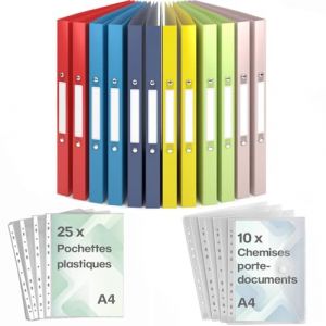 ACROPAQ - 12 x Classeur souple A4 | 2 anneaux | Incl. 10 x Pochette document, 25 x Pochettes plastiques et 12 x &Eacute;tiquettes de dos, Dos 2,5 cm, Couleur &Eacute;t&eacute; de la collection Nature - Classeurs, Farde (Acropaq, neuf)