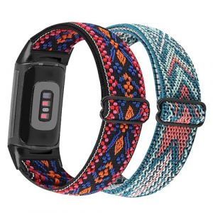 YOOSIDE 2PCS Bracelet de montre &eacute;lastique pour Fitbit Charge 5, Sangle de poignet en boucle extensible en nylon doux avec boucle r&eacute;glable Compatible avec Fitbit Charge 5 (Rouge Bleu-Bleu Rose) (YOOSIDE, neuf)