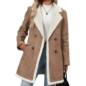 LIUYUYOUGO Trench Coat Femme Manteaux D'Hiver Longs En Daim Pour Femmes Veste En Simili Cuir Su&eacute;d&eacute; Caban Crois&eacute; &Agrave; Revers Tendance Chaud Doubl&eacute; En Polaire Sherpa Manteau Mi Long Kaki Tai (lysmozz, neuf)