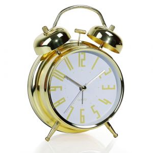 AYRELY&reg; R&eacute;veil Vintage &agrave; Double Cloche &ndash; R&eacute;veil Gros Dormeur 4'' Silencieux Sans Tic-Tac, Sonnerie Puissante, Cadre Dor&eacute; & Cadran Blanc, avec Veilleuse, pour Table de Nuit ou Bureau (Or-Blanc) (AYRELYEU, neuf)