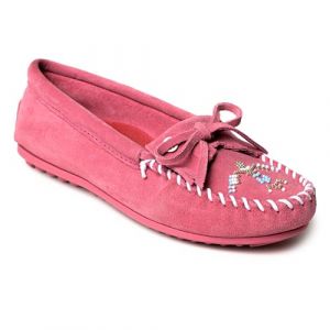 Minnetonka Women s Thunderbird Animikii Hardsole Moccasins for Women with a Classic Leather Moccasin Silhouette, Cushioned Footbed, and Beaded Moccasin Design, Pink, Size 7.5 (DINAN, neuf)