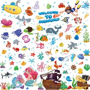 Stickers Muraux de Poisson d'Océan Stickers Muraux de Sirène Sous-Marine Stickers Muraux Amovibles d'Océan Autocollants Animaux Océan Aquarelle pour Décoration de Chambre Salle de Bains (MongShy, neuf)