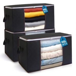 Boic Lot De 3 90L Sac Rangement Vetement, Sac De Rangement Sous Lit, Boîte De Rangement Sous Lit Pliable, Caisse Rangement Couette Pliable Pour Couvertures Jouets Vêtements (Noir) (Au Honr, neuf)