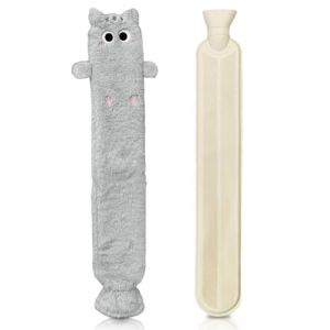 Longue Bouillotte en forme de chat,2L Bouillotte Peluche En Caoutchouc Avec Couvercle,75cm,Amovible Pour Le Nettoyage,Pour R&eacute;chauffer Cou &eacute;paules Dos Jambes,Cadeau (Gris) (JiLiXia-EU, neuf)