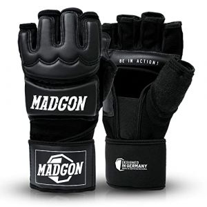 MADGON Gants de Boxe et MMA Professionnels - Gants MMA Qualit&eacute; Pro - Fabrication Haute Qualit&eacute; - Noir/Blanc - Pour Boxe, Entra&icirc;nement, Sac de Frappe, Combat Libre, Grappling et Arts Martiaux (Martial Sports, neuf)