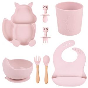 TudoBem Coffret Repas Bebe Silicone [8 Pi&egrave;ces], Assiette Ventouse pour B&eacute;b&eacute; + Bavoir Ajustable + Bol Antid&eacute;rapant + Cuillere/Fourchette 1er &acirc;ge et 2&egrave;me Age + Verre, Cadeau Naissance (Rose) (Galopins, neuf)