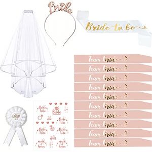 EVJF Accessoire, 15PCS Enterrement de Vie de Jeune Fille Accessoire, Kit Écharpe EVJF avec 10 Team Bride Écharpe, 1 Écharpe Future Mariée, Voile Mariée, Badge, Bandeau Diadème, Tatouage (Mytovosn, neuf)