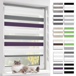 BelleMax Store Enrouleur Jour Nuit, Tissu Double, Rideau sans Perçage, Translucide Occultant et Protection Vie privée,pour Fenêtre et Porte,Blanc-Anthracite-Aubergine,70l x 140L cm (Ominia, neuf)