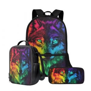 Wnbucioht Sac à dos 3 en 1 pour enfants garçons avec sac à déjeuner isotherme, porte-crayon, Animal Loup., Taille unique, Ensemble cartable (xiaohedianzishangwu, neuf)