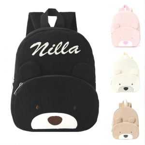 Sac a Dos Enfant Personnalisé Prenom, Bebe Cartable Maternelle Fille & Garcon, Velours Côtelé Ours Sac Personnalisable Enfant Ecole Crèche Primaire, Petit sac à école avancée pour Enfant (Noir) (Thalopolis, neuf)