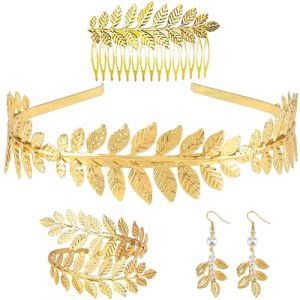 DINGFENG 4 Pièces Déesse Grecque Costume Bijoux Femme, Couronne de Laurier Déguisement Couronne de Laurier Boucles d'Oreilles Perle Peigne À Cheveux Latéral et Bracelet Bras pour Mariage Bijoux Femme (FENGXUEI, neuf)