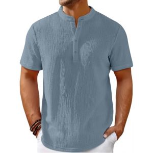 WINKEEY Chemise Homme Henley à Manches Courtes T-Shirt Homme Tunisien Tee Shirt d'été Décontracté, Bleu 3XL (WINKEEY, neuf)
