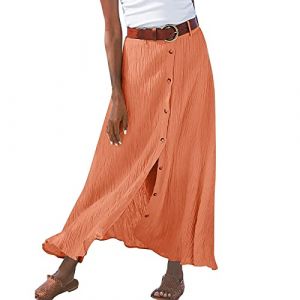 Jupe Mi-Longue Trapèze Femme Coton à Taille Élastique Décontractée Jupe Plissée Boutonnée sur Devant Jupes pour Printemps et été décontractée Ample Couleur Unie Jupes trapèze avec Poches Taille (Kincool, neuf)