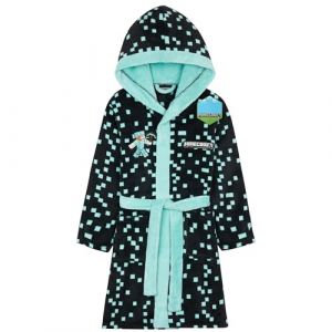 Minecraft Robe de Chambre Polaire Gar&ccedil;on et Ado Creeper Peignoir Enfant &agrave; Capuche avec Poches et Ceinture Cadeau Gamer (11-12 Ans, Teal) (Get Trend., neuf)