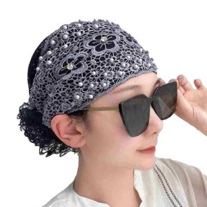 Bandeau en dentelle pour femme - Large bandeau floral perle - Accessoire de cheveux boh&egrave;me &eacute;l&eacute;gant - Accessoires de cheveux - Bandeau en dentelle - Bandeau pour femme (gris, taille unique) (Nanning White Dragon Crown Trade Co., Ltd., neuf)