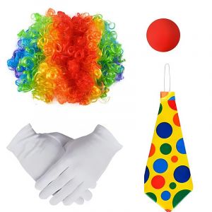 4 Pi&egrave;ces Accessoires Costume Clown, Perruque Clown curl, Nez de Clown, N&oelig;ud Papillon Color&eacute;, Gants, Accessoires pour Costumes de Clowns pour Mardi Gras, Carnavals, P&acirc;ques et Halloween (xiaoyuandabendan, neuf)
