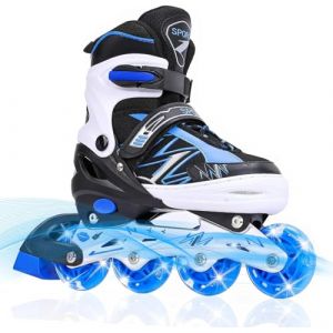 DUZSKJ Patins &agrave; Roues align&eacute;es Ajustables pour Filles gar&ccedil;ons avec Toutes Les Roues Lumineuses, pour d&eacute;butants, Patins &agrave; roulettes pour, Jeunes et Grands Enfants (Noir & Bleu, S) (SZHZS, neuf)