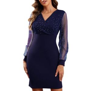 Yutdeng Robe de Soir&eacute;e Femme Robe &agrave; Manches Longues Dentelle Paillettes Courte Col en V Robes de Cocktail Elegant Automne et Hiver Robes de F&ecirc;te Moulante Mini-Robe C&eacute;r&eacute;monie Dress,Bleu Marine,S (Heiyut, neuf)