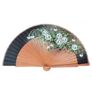 &Eacute;ventail artisanal en bois de fruit et tissu de coton peint &agrave; la main avec motifs floraux. &Eacute;ventail espagnol (noir) (Di Abani, neuf)