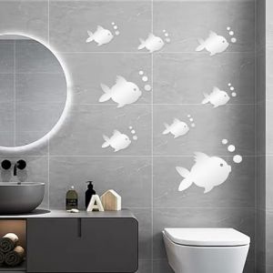 AINIUNIU 3D Miroir Stickers Muraux Poisson et Bulles, Sticker Mural Acrylique, Stickers Muraux pour Chambr Argent Autocollants Miroir Convient pour Salle de Bains Chambre Salon D&eacute;coration (WSZSJ, neuf)